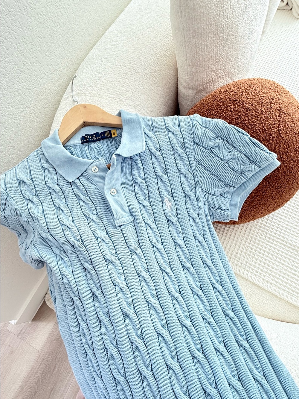 Polo Ralph Lauren Cable Knit Polo Sweater Dress Baby Blue Size M Stretch Cotton